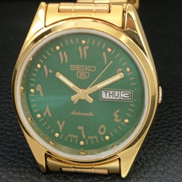 Vintage 1975 Seiko Automatic Mens Gold Watch W/daydate & Green accents - Picture 3 of 8